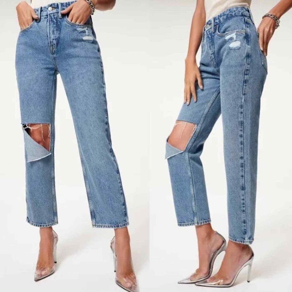 New Good American Good 90s Distressed Straight Leg Jeans in Blue950 Size 6/28
